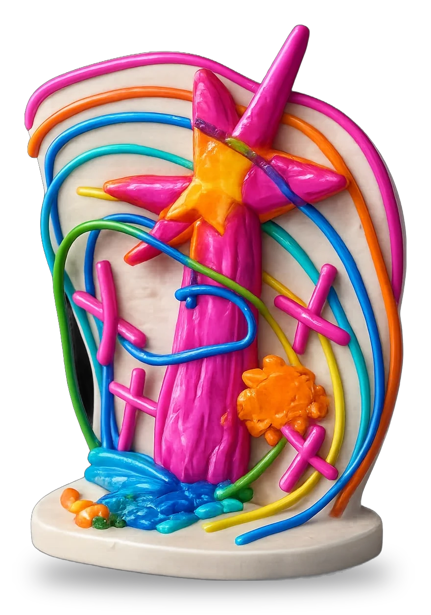 La scultura in rilievo nata da quell'angolo: la stella, le croci e gli archi diventati cordoni lucidi di colore su una base bianca.